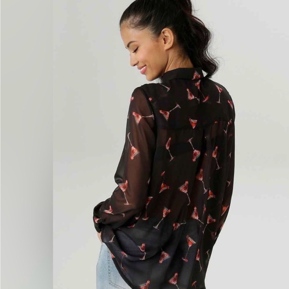 ZARA Sheer Black Cocktail Print Button-Up Blouse - Women